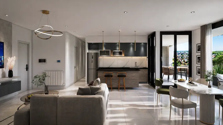 Render interior de URBAN VII: cocina integrada y comedor