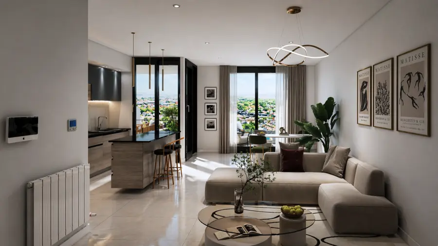 Render interior de un 3 ambientes de URBAN VII: living con vista a la ciudad