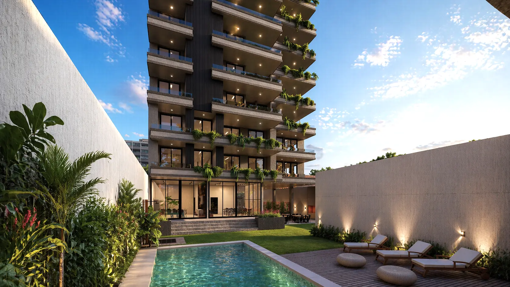 Render exterior de URBAN VII: fachada con terrazas verdes, pileta y solárium al atardecer