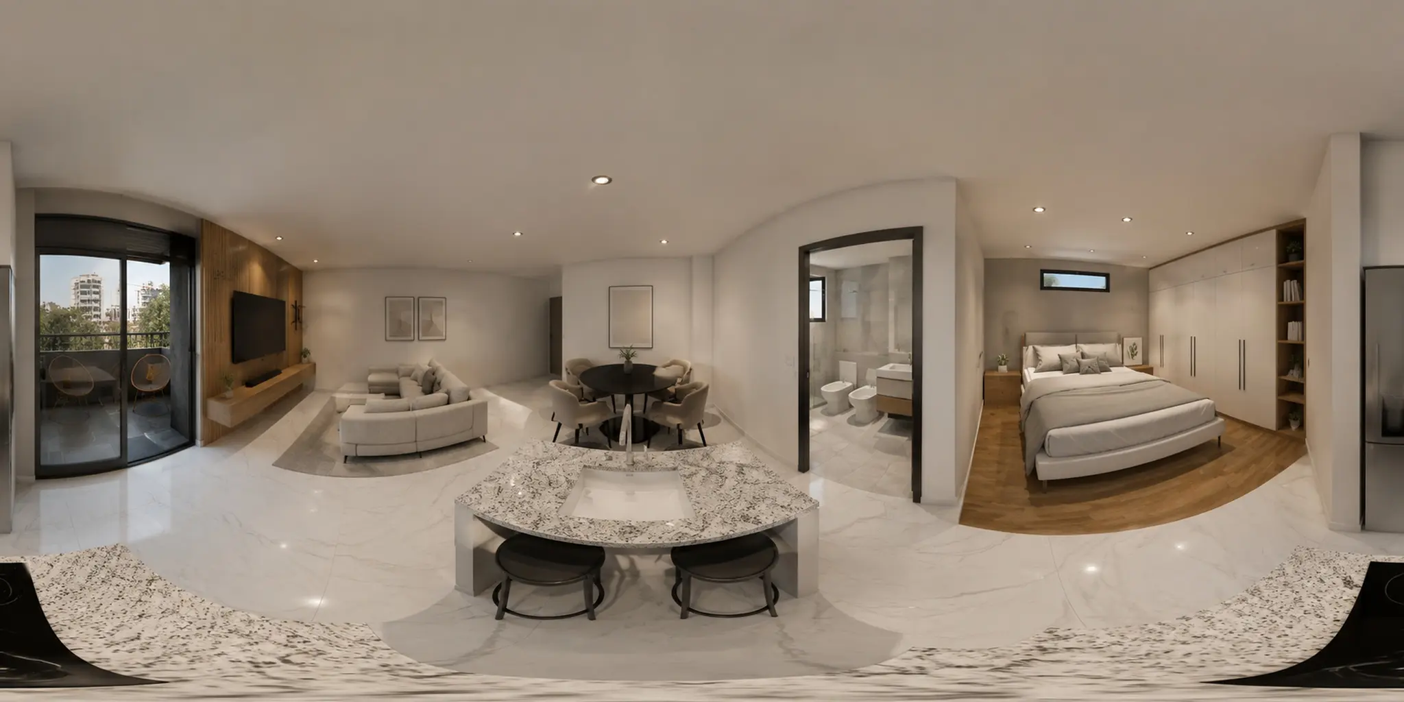 Panorama 360° del interior de una unidad de URBAN VII: living, comedor, baño y dormitorio